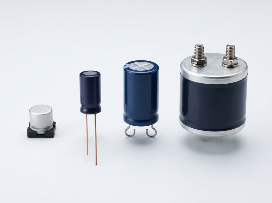 Aluminum electrolytic capacitor form factors: SMD chip, radial lead, snap-in, and screw terminal