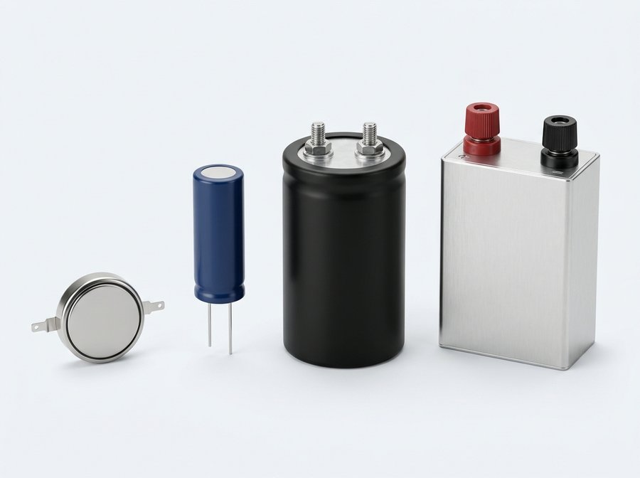 Supercapacitor form factors: coin cell, radial cell, large screw-terminal cell, and module